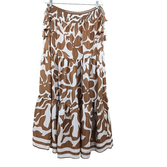 Calypso St. Barth Tiered Maxi Skirt Brown White Floral Elastic Waist Size Medium - Picture 1 of 11